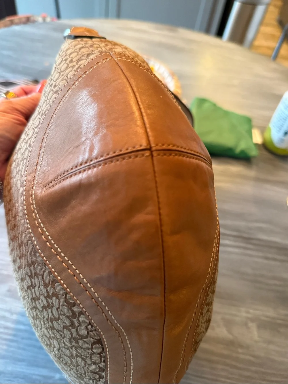Coach Brown Signature Canvas Shoulder Bag with Tan Leather Trim